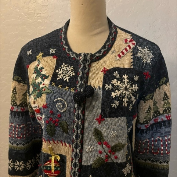 Vintage Tiara Blue Holiday Christmas Patchwork Pom Pom Tassel Cardigan Sweater - Picture 6 of 11